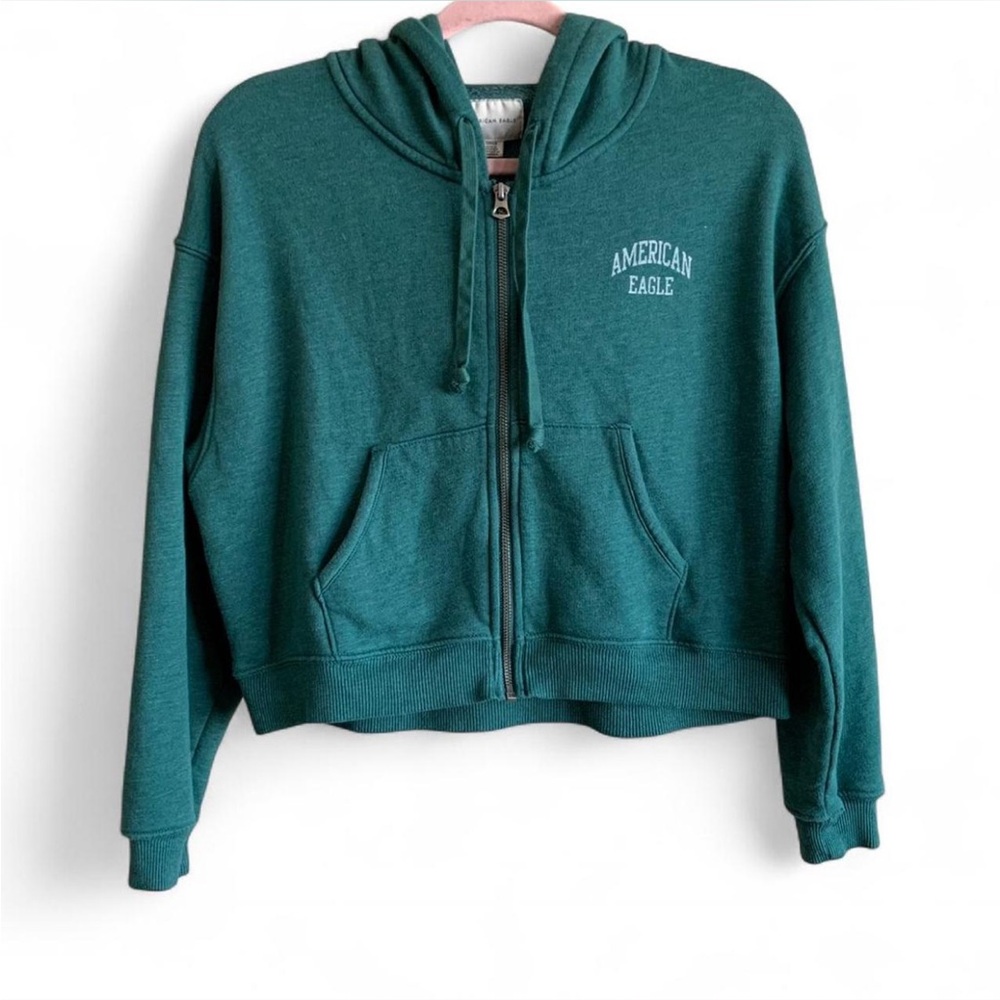 American Eagle Green Cropped Zip-Up Hoodie size Small